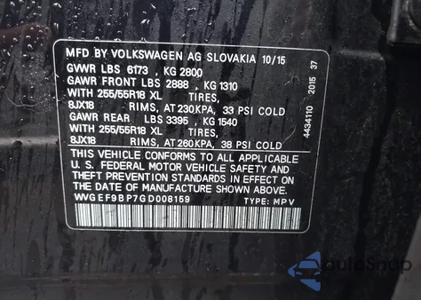 2016 Volkswagen Touareg Vr6 Sport z USA, uszkodzony, nr VIN WVGEF9BP7GD008159